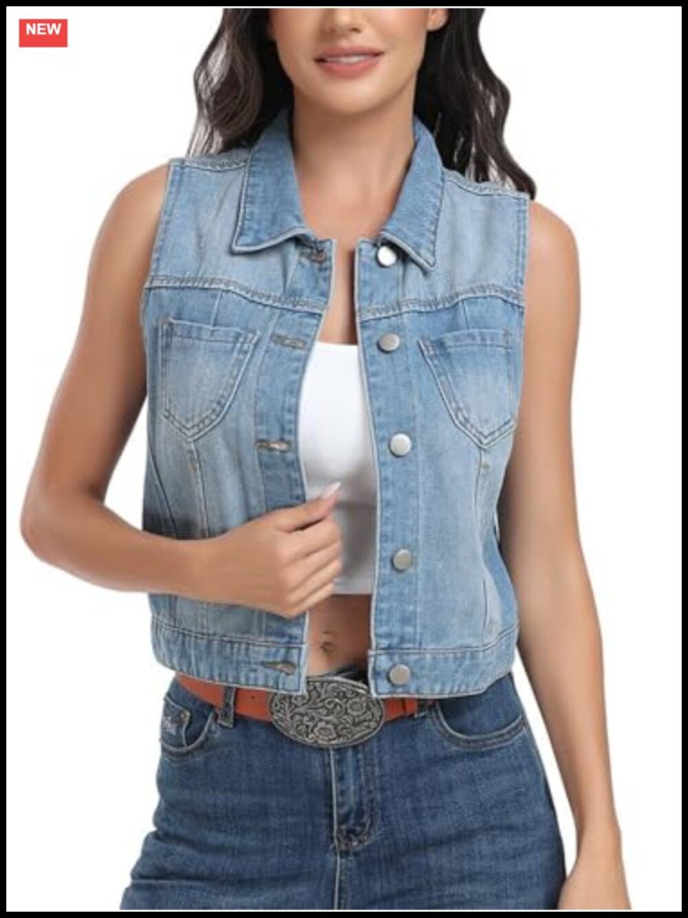 Women's Denim Vest Sleeveless Cropped Distressed Jean Vest with Pockets